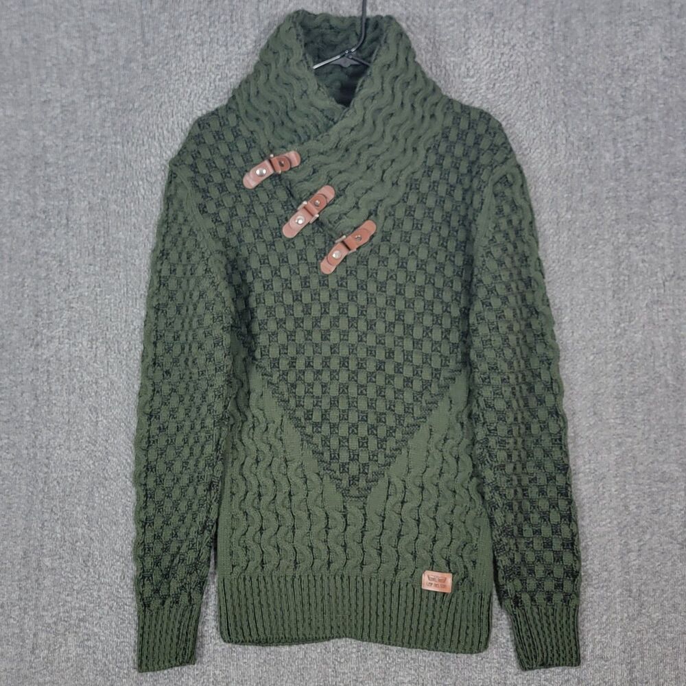 Leif Nelson Sweater Mens Medium Green Chunky Waffle Knit High Neck Straps
